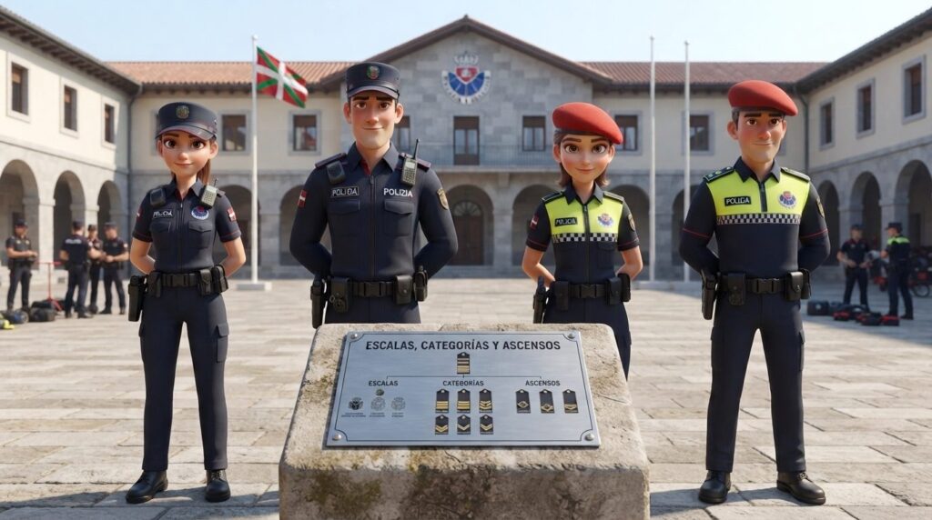 Cuatro agentes de policía dibujados, de pie en el patio de una academia con la ikurriña al fondo, alrededor de una placa de piedra con el rótulo «Escalas, categorías y ascensos».
