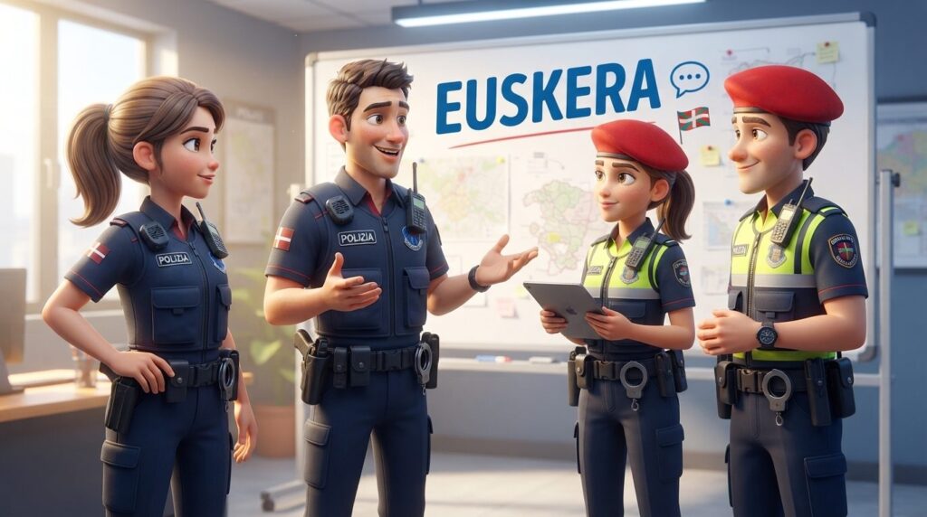 Ilustración: cuatro agentes de la Ertzaintza y de la Policía Local conversan de pie en una oficina, delante de una pizarra con un mapa del País Vasco y el rótulo «Euskera» junto a una ikurriña.
