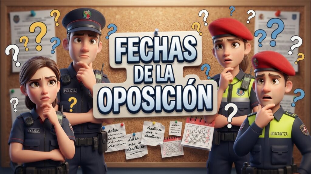 Cuatro agentes de la Ertzaintza y de la Policía Local, pensativos, ante un tablón con el rótulo «Fechas de la oposición»