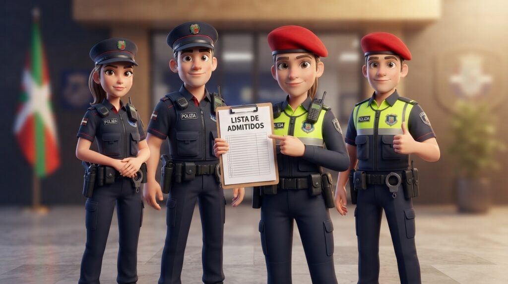 Cuatro agentes de la Ertzaintza y de la Policía Local con una carpeta que dice «Lista de admitidos»
