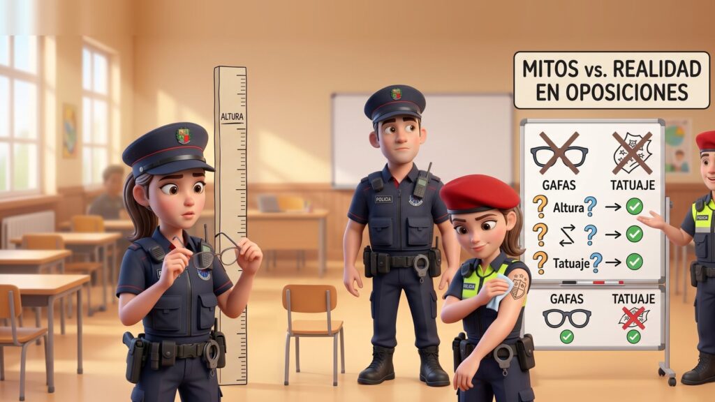 Pizarra con los mitos de la oposición contrastados con los requisitos oficiales: gafas, tatuajes y altura