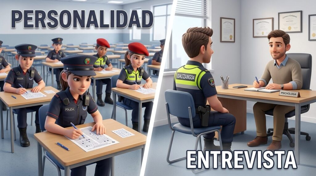 Ilustración partida en dos: a la izquierda, agentes rellenando un cuestionario tipo test en un aula; a la derecha, un agente de Udaltzaingoa sentado frente a una psicóloga que toma notas. Rótulos «Personalidad» y «Entrevista».