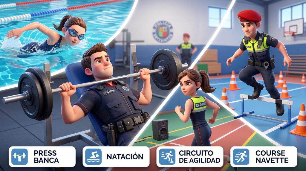 Los cuatro ejercicios de la prueba física: natación, press de banca, circuito de agilidad y course navette