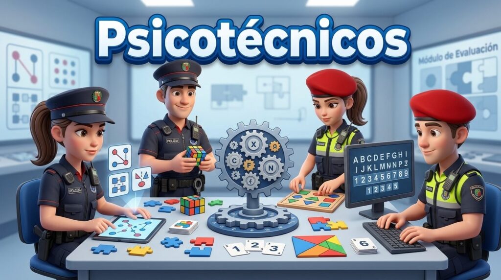 Ilustración: cuatro agentes de la Ertzaintza y de la Policía Local resuelven ejercicios de razonamiento, percepción, figuras y letras alrededor de una mesa, bajo el rótulo «Psicotécnicos».