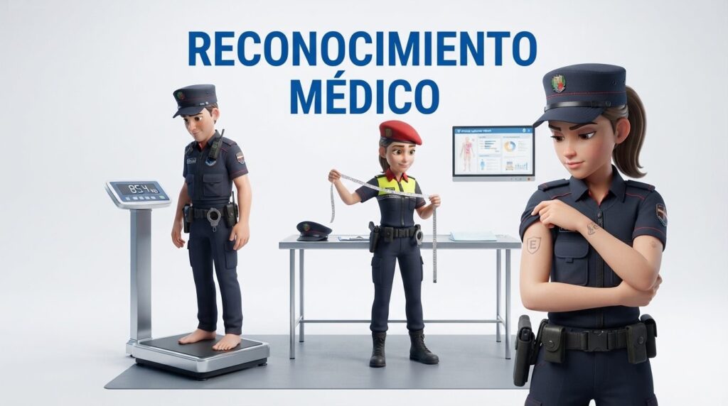 Ilustración: en una sala de reconocimiento, un agente descalzo se pesa en una báscula, una agente se mide con una cinta métrica y otra agente se mira el brazo, bajo el rótulo «Reconocimiento médico».