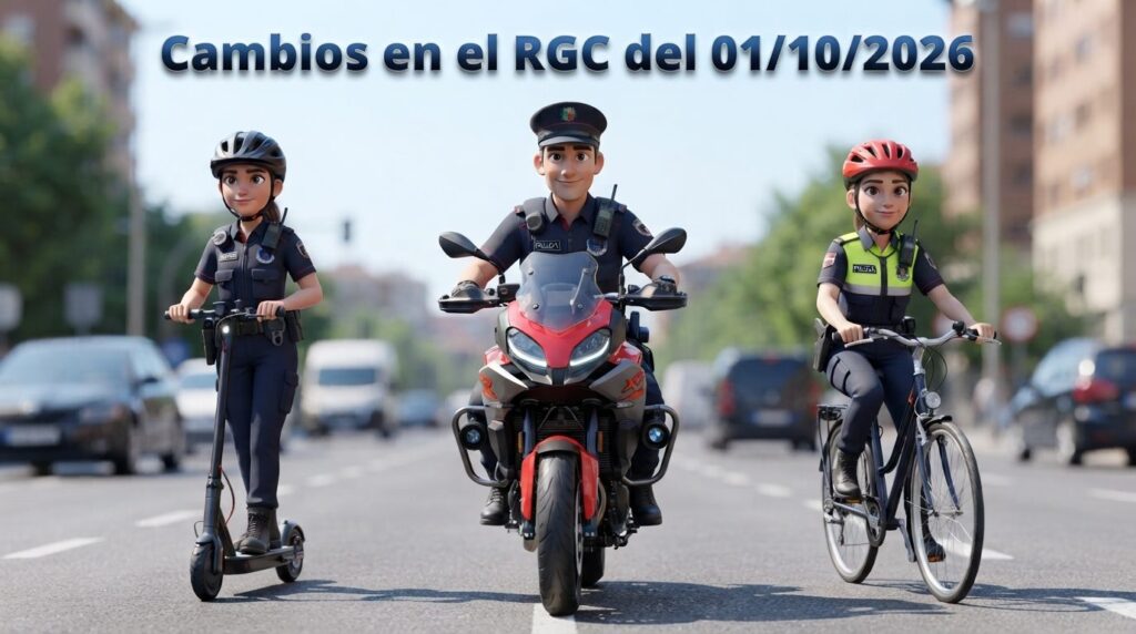 Ilustración: una agente en patinete eléctrico con casco, un agente en moto y una agente en bicicleta con casco circulan de frente por una avenida, bajo el rótulo «Cambios en el RGC del 01/10/2026».