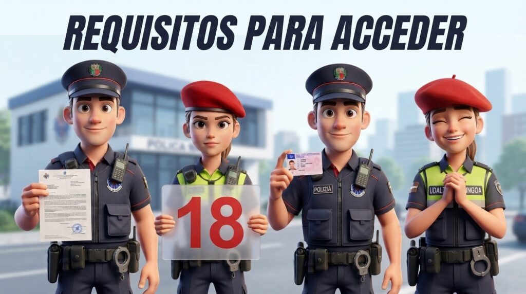 Ilustración: cuatro agentes delante de una comisaría enseñan un título, un cartel con el número 18 y un permiso de conducir, bajo el rótulo «Requisitos para acceder».