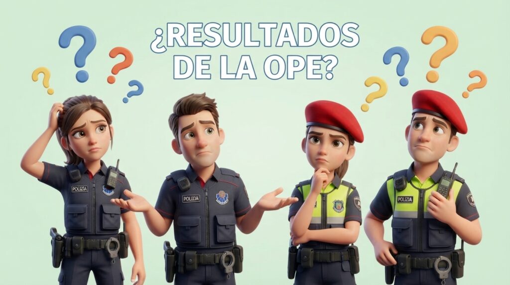 Cuatro agentes de la Ertzaintza y de la Policía Local, dudando, bajo el rótulo «¿Resultados de la OPE?»