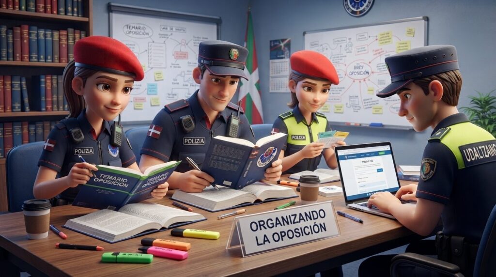 Ilustración: cuatro agentes estudian alrededor de una mesa con libros del temario, apuntes, rotuladores y un portátil, junto a un cartel que dice «Organizando la oposición».