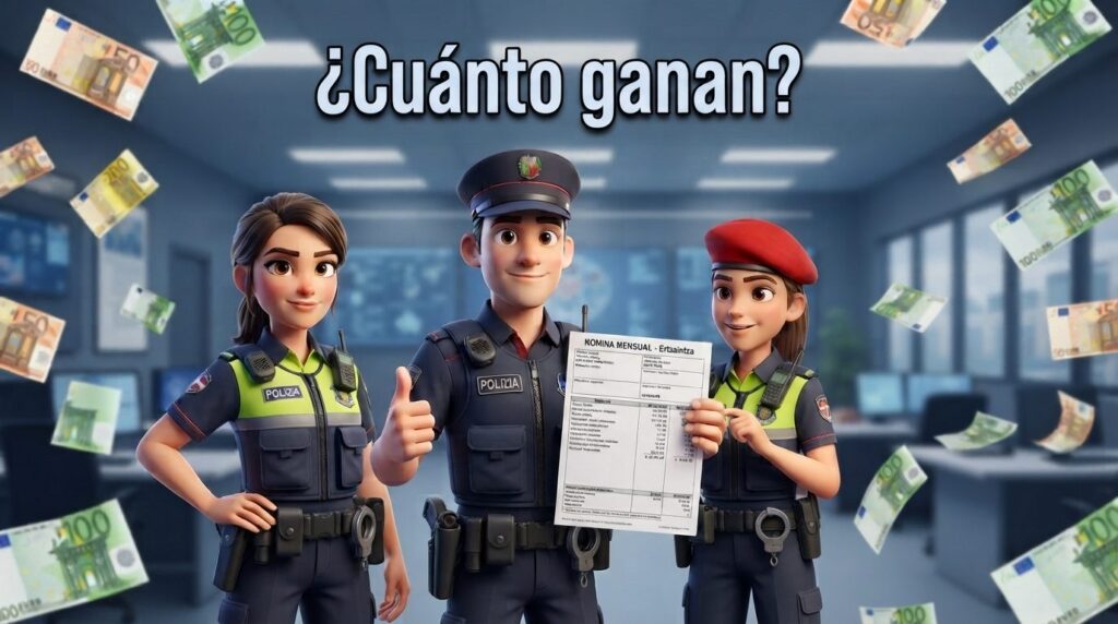 Ilustración: tres agentes de la Ertzaintza y de la Policía Local sonríen en una comisaría; el del centro sostiene una nómina y alrededor vuelan billetes, bajo el rótulo «¿Cuánto ganan?».