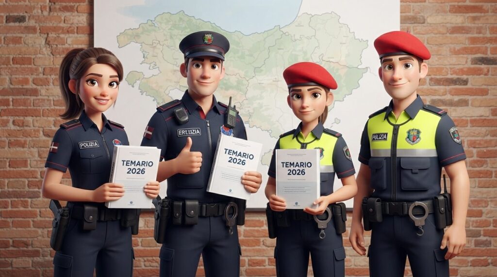 Cuatro agentes de policía dibujados delante de un mapa de Euskadi, tres de ellos con un libro en la mano que pone «Temario 2026».